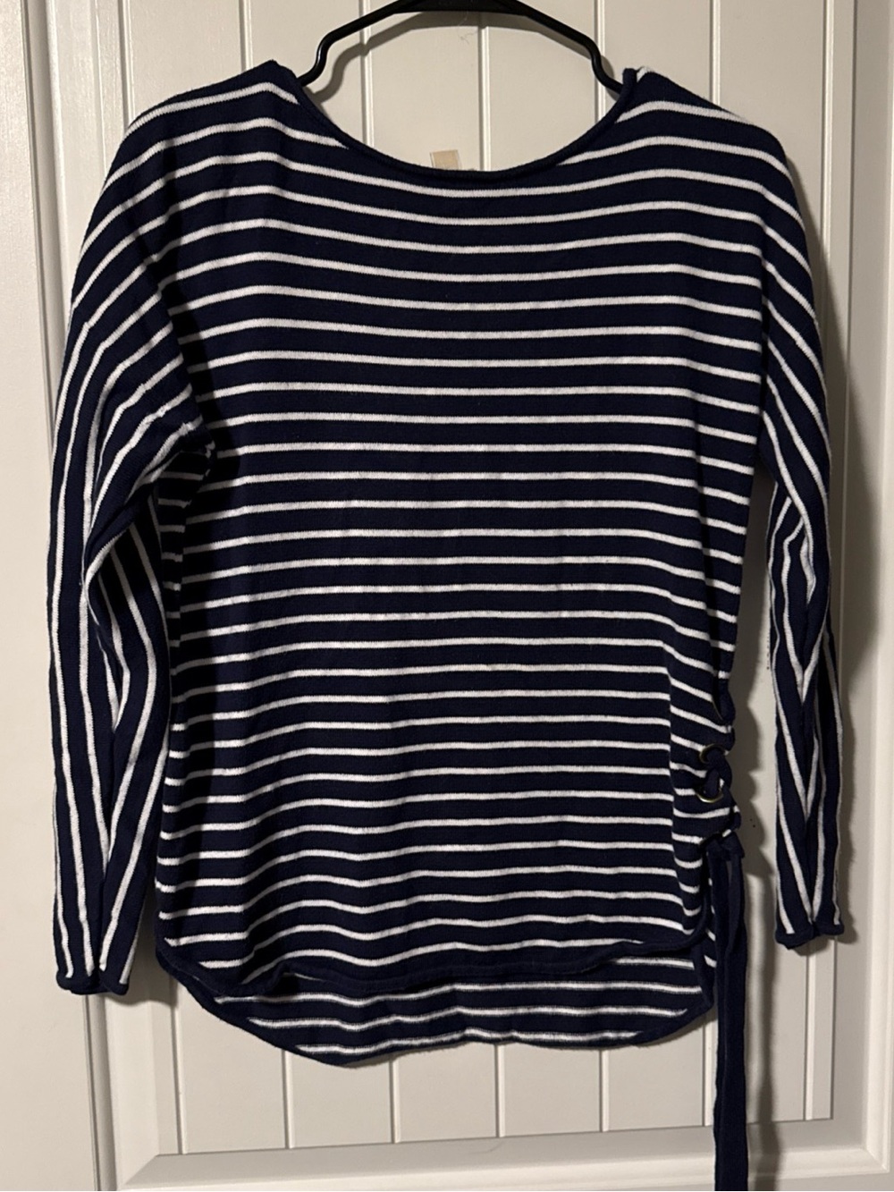 Michael Kors Navy and White Striped Side-Tie Sweater Women’s Sz S Nautical Top
